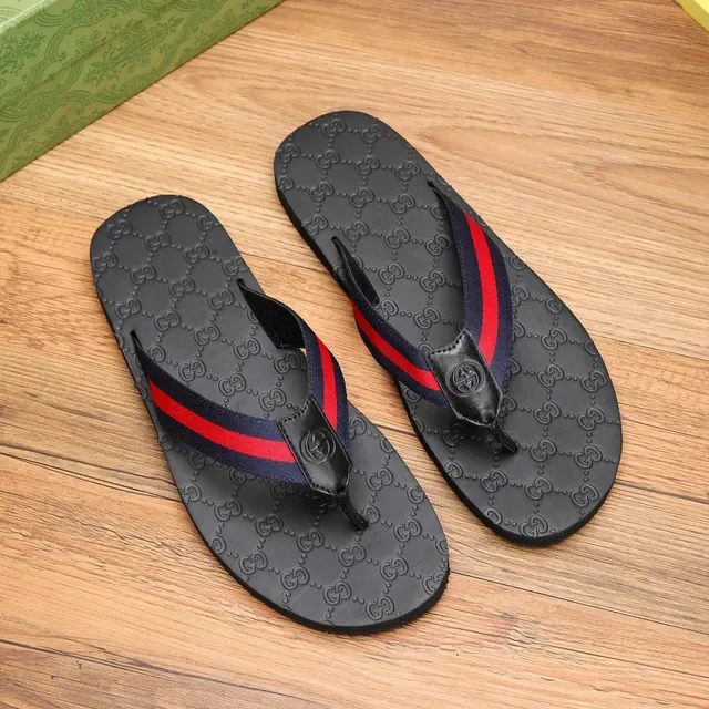 Gucci Slide Black Red GG Monogram Sole Web Stripe Strap Slippers 3