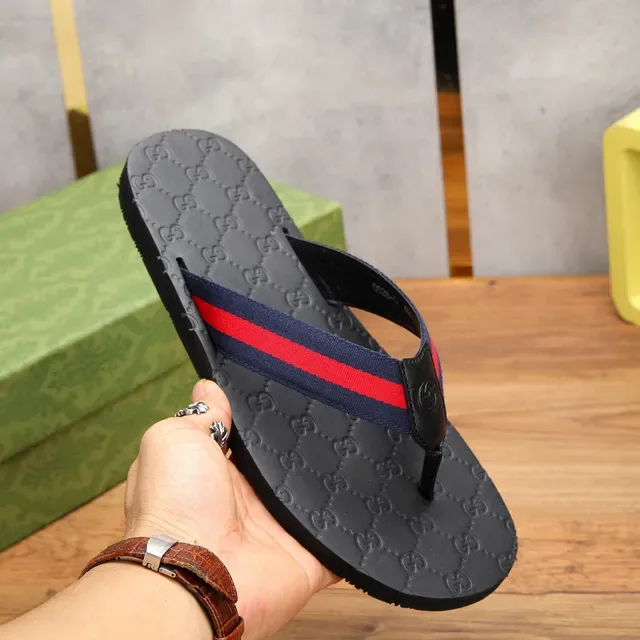 Gucci Slide Black Red GG Monogram Sole Web Stripe Strap Slippers 6
