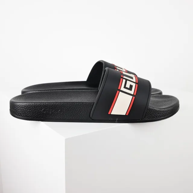 Gucci Slide Black Red Molded Rubber Wide Strap Slippers 3