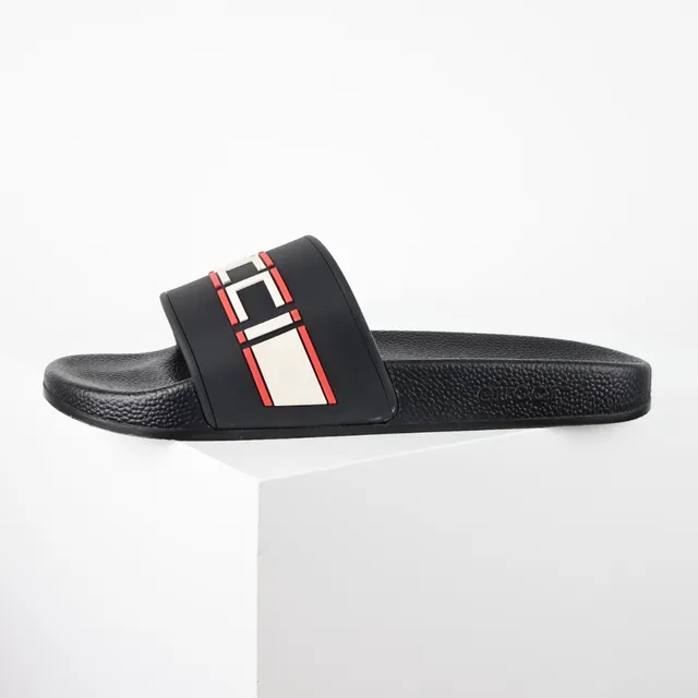 Gucci Slide Black Red Molded Rubber Wide Strap Slippers 9