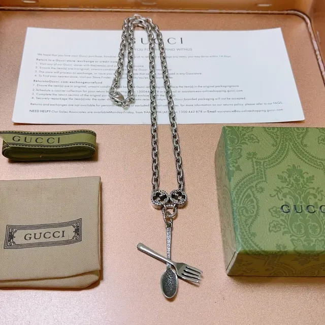Gucci Spoon & Fork Silver Black Ornate Link Chain GG Interlocking Motif Necklace 3