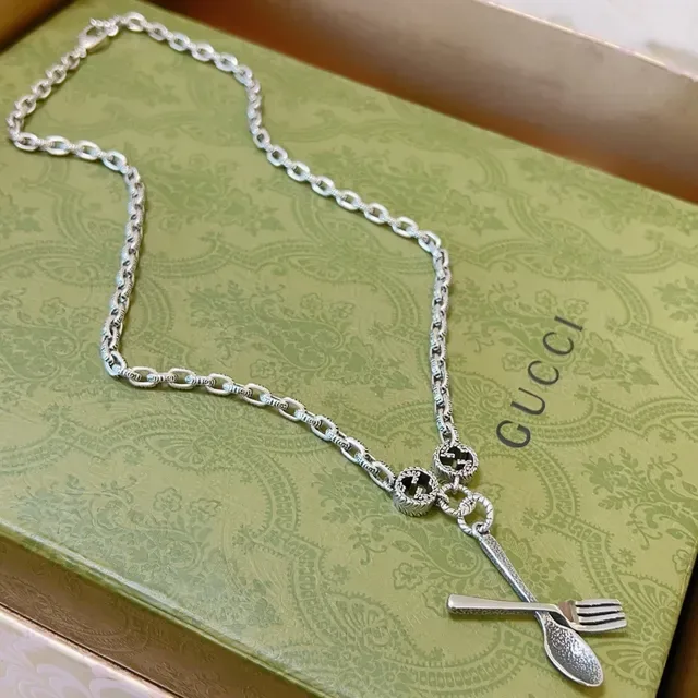 Gucci Spoon & Fork Silver Black Ornate Link Chain GG Interlocking Motif Necklace 4