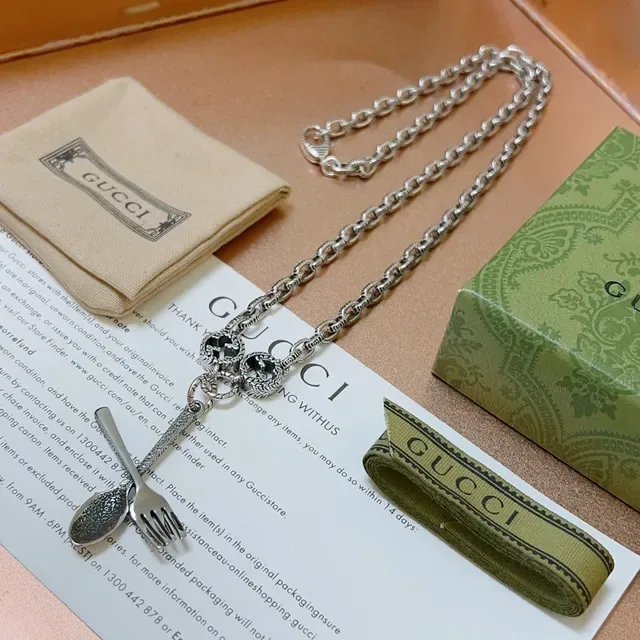 Gucci Spoon & Fork Silver Black Ornate Link Chain GG Interlocking Motif Necklace 6
