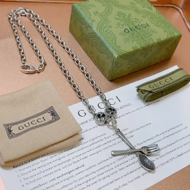 Gucci Spoon & Fork Silver Black Ornate Link Chain GG Interlocking Motif Necklace 7