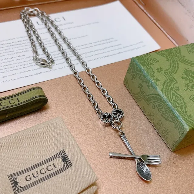 Gucci Spoon & Fork Silver Black Ornate Link Chain GG Interlocking Motif Necklace 9