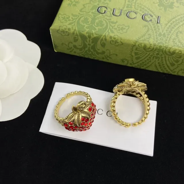 Gucci Strawberry Crystal-Encrusted Gold-Tone Rings 2