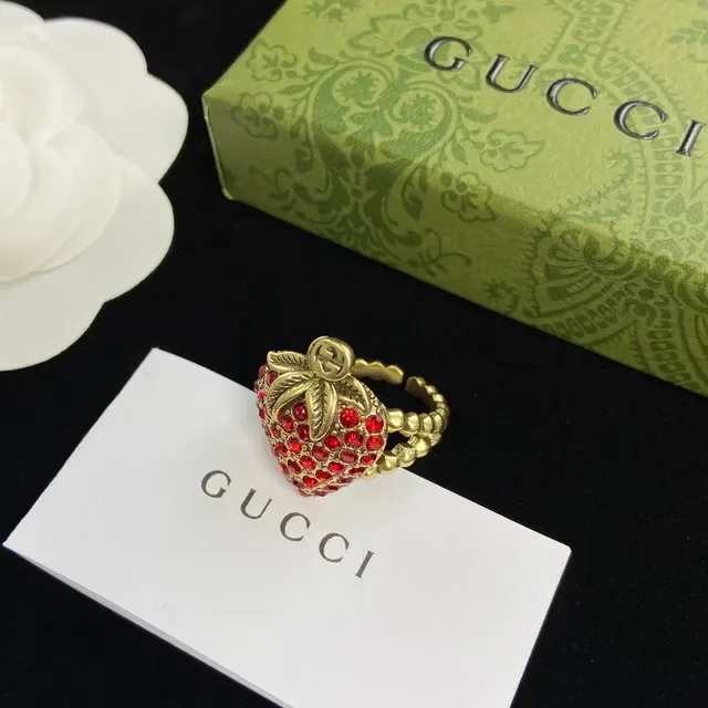 Gucci Strawberry Crystal-Encrusted Gold-Tone Rings 4