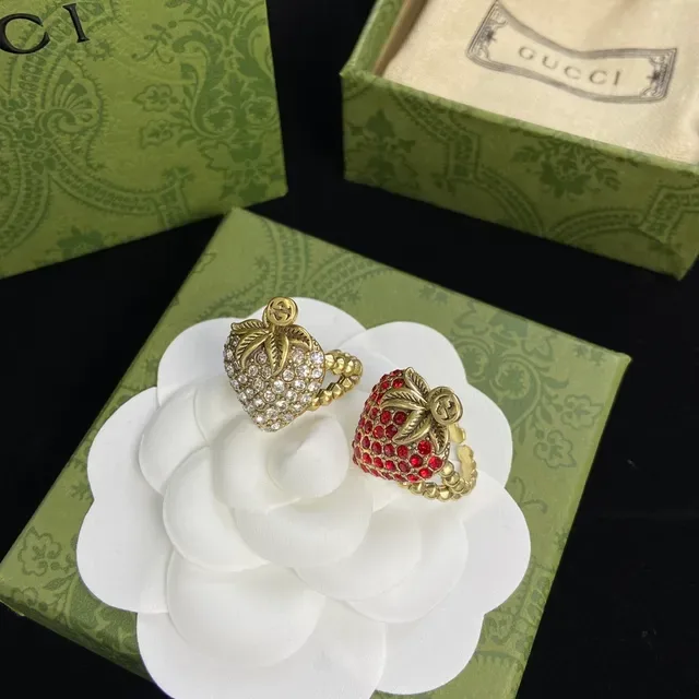 Gucci Strawberry Crystal-Encrusted Gold-Tone Rings 7