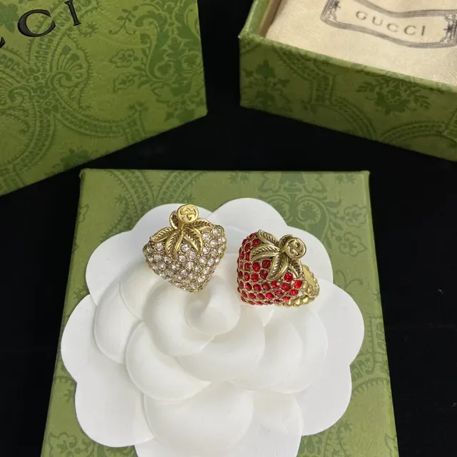 Gucci Strawberry Crystal-Encrusted Gold-Tone Rings 8