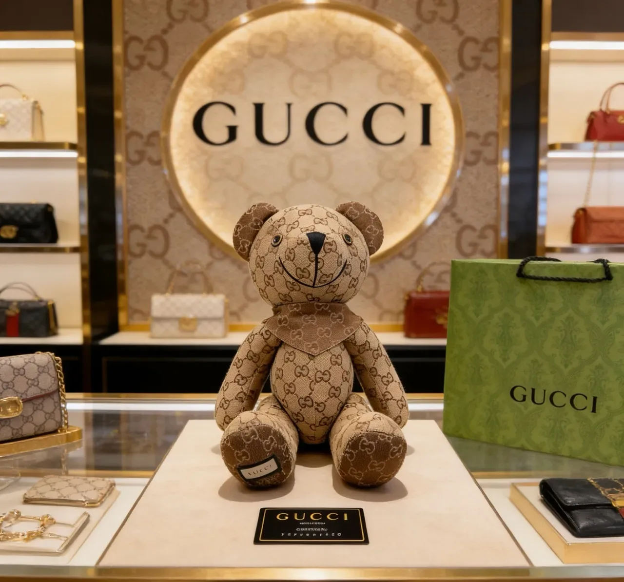 Gucci Teddy Bear Beige Brown GG Monogram Canvas Plush Silhouette Handbag 5