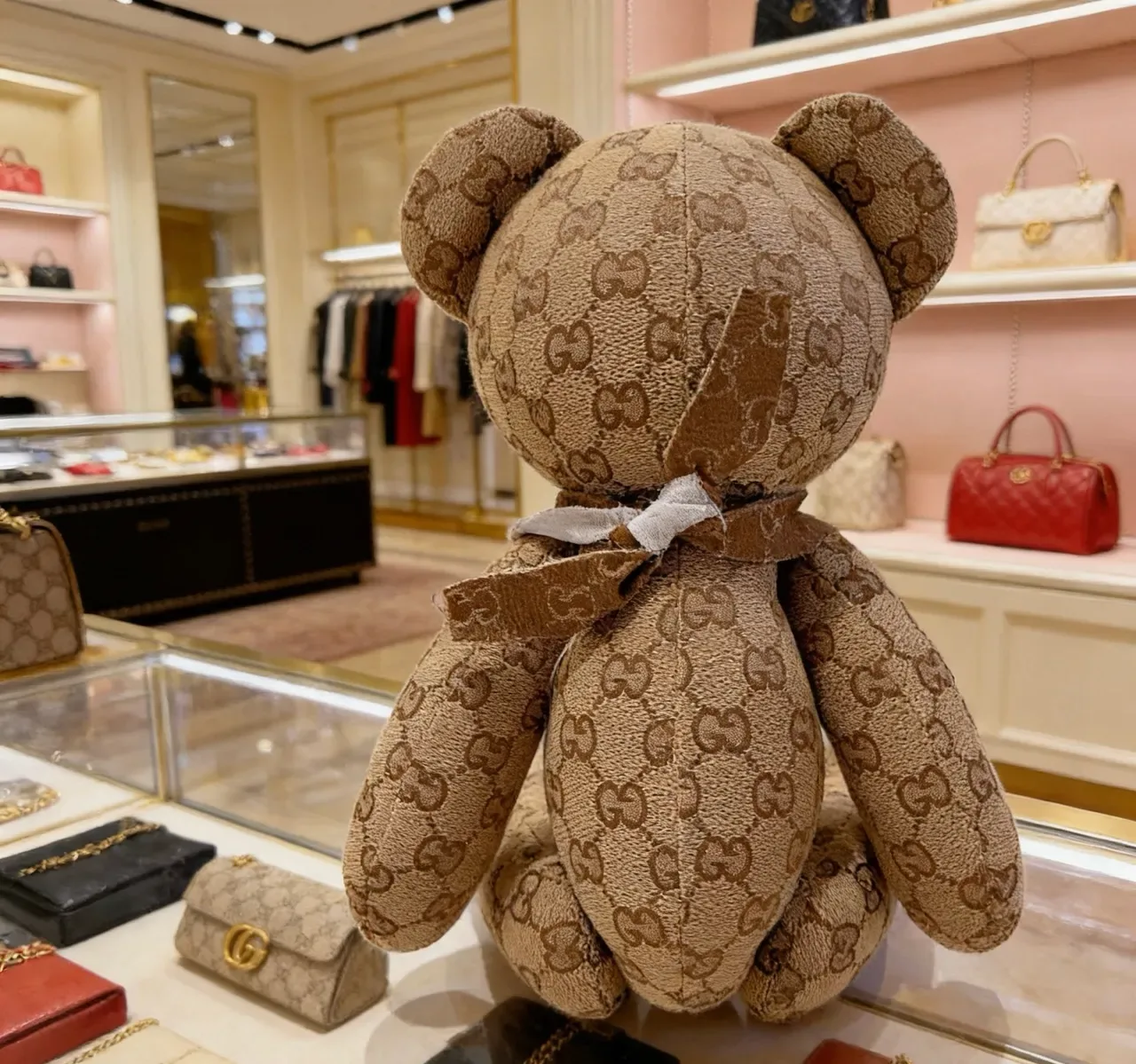 Gucci Teddy Bear Beige Brown GG Monogram Canvas Plush Silhouette Handbag 6