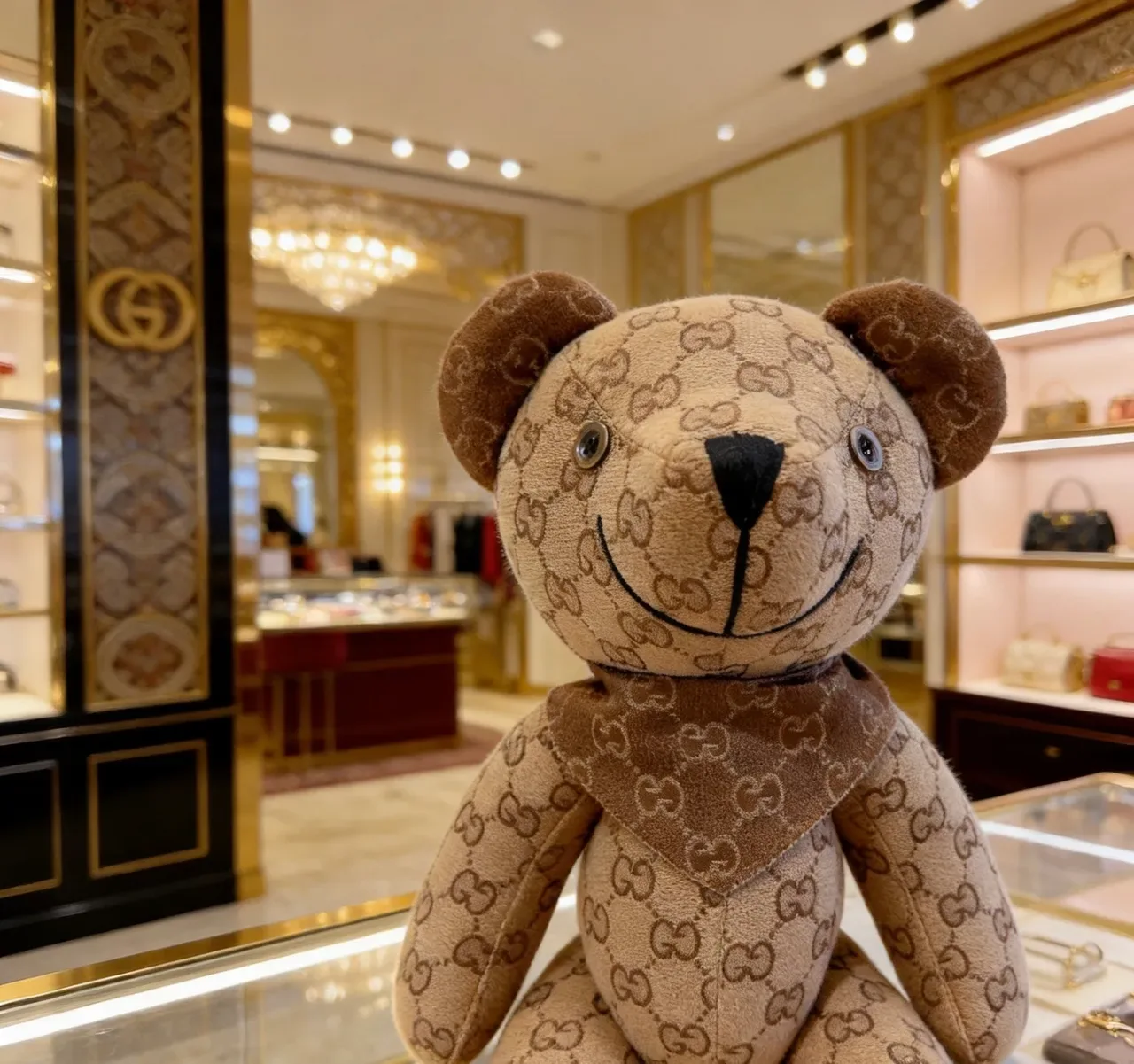 Gucci Teddy Bear Beige Brown GG Monogram Canvas Plush Silhouette Handbag 8