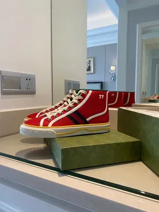 Gucci Tennis 1977 Red Green Web High-Top Lifestyle Sneakers 9