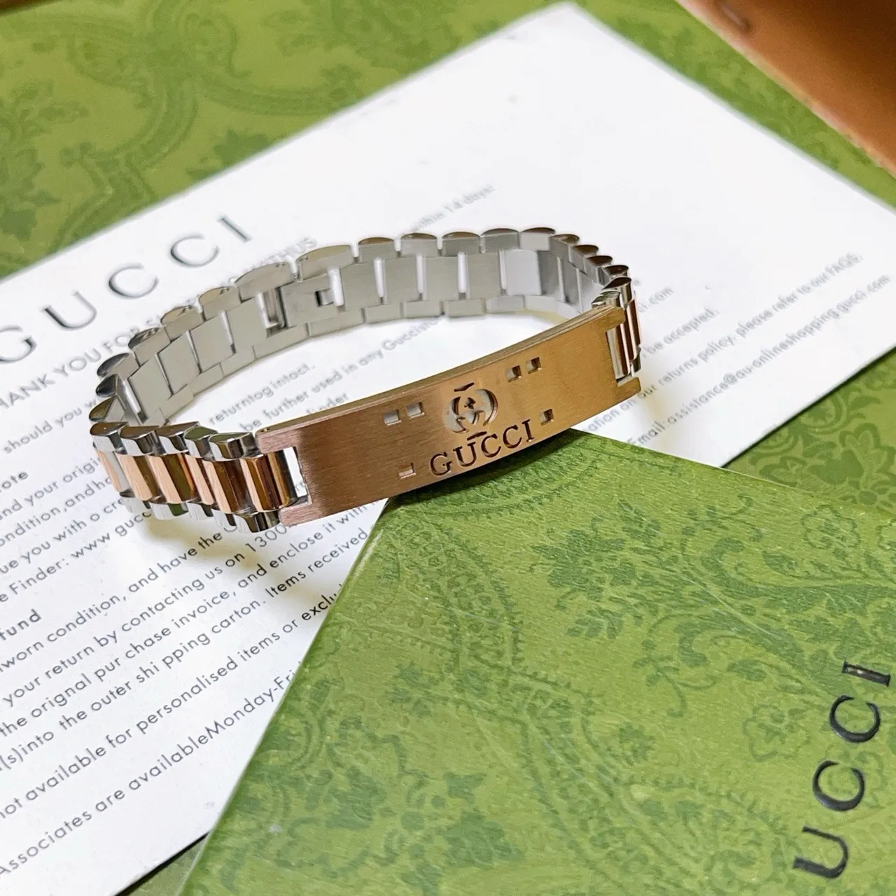 Gucci Two-Tone Engraved Logo Link Bracelet 9