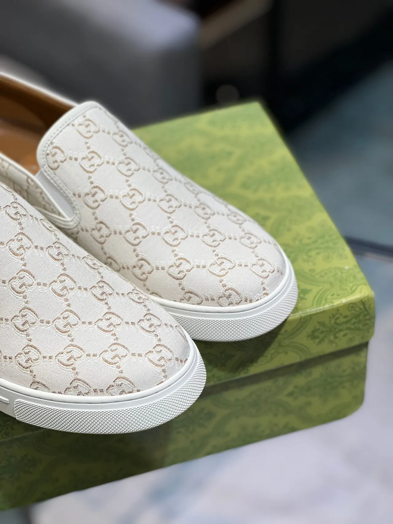 Gucci White Beige GG Monogram Canvas Slip-On Loafer 3