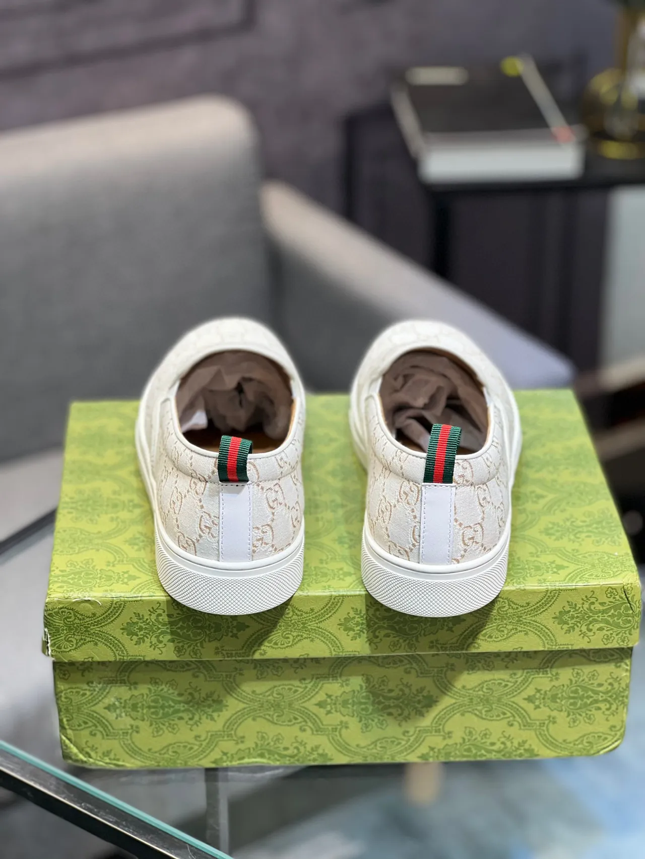 Gucci White Beige GG Monogram Canvas Slip-On Loafer 4