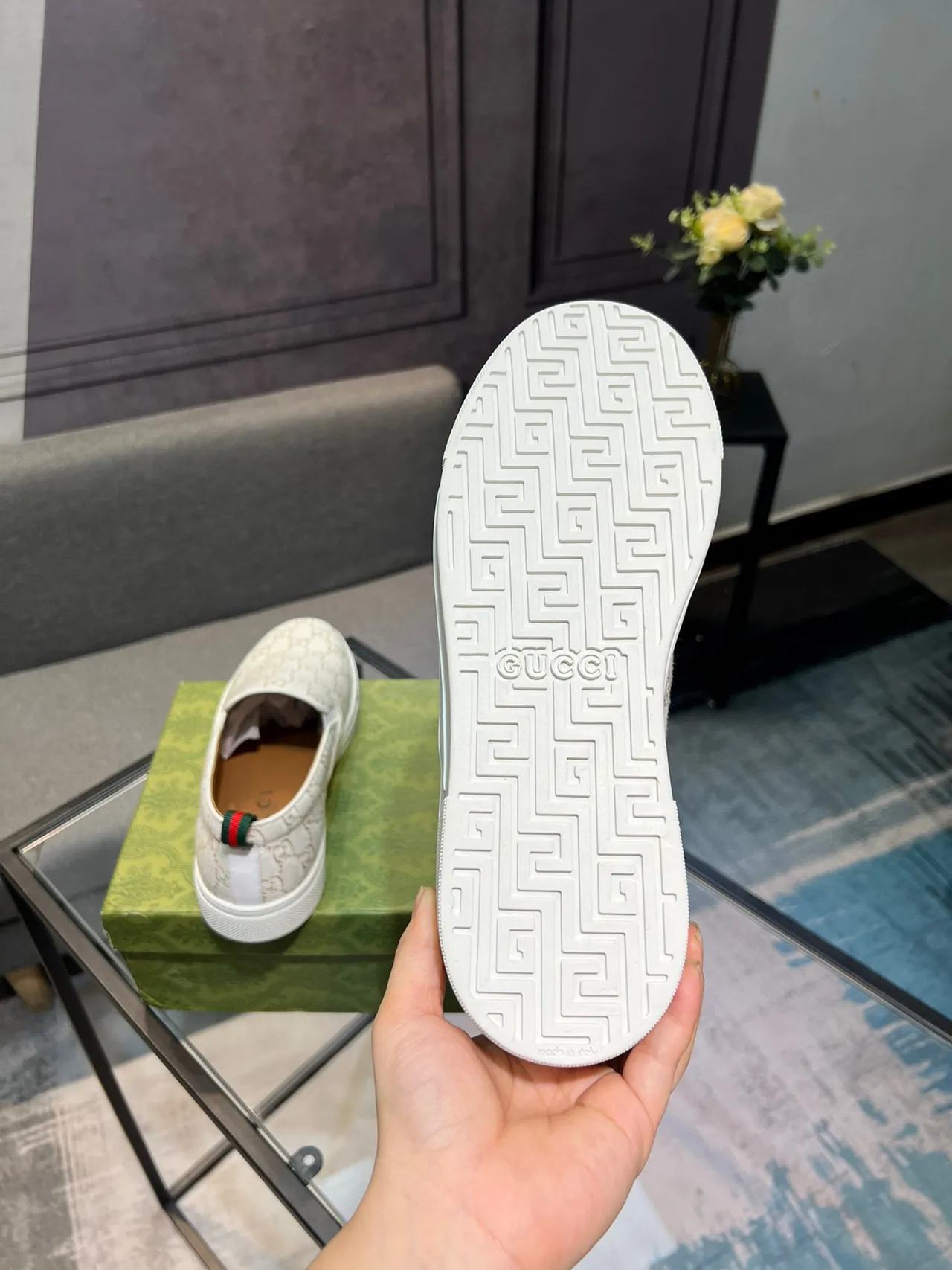 Gucci White Beige GG Monogram Canvas Slip-On Loafer 5