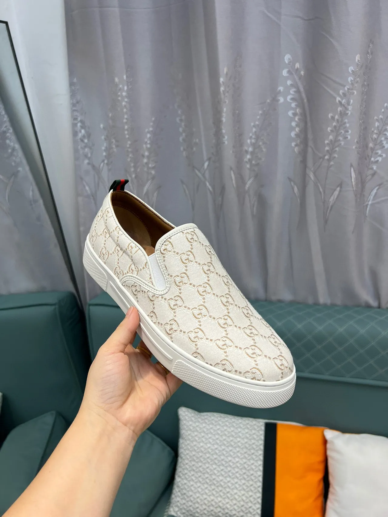 Gucci White Beige GG Monogram Canvas Slip-On Loafer 6