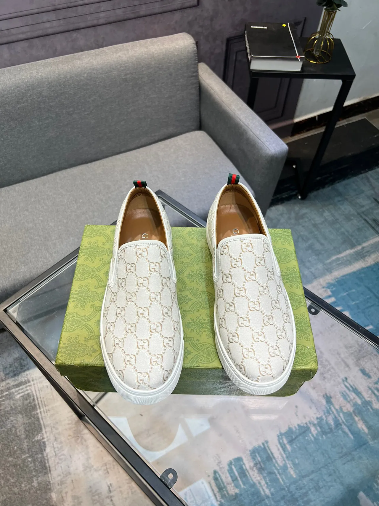Gucci White Beige GG Monogram Canvas Slip-On Loafer 7