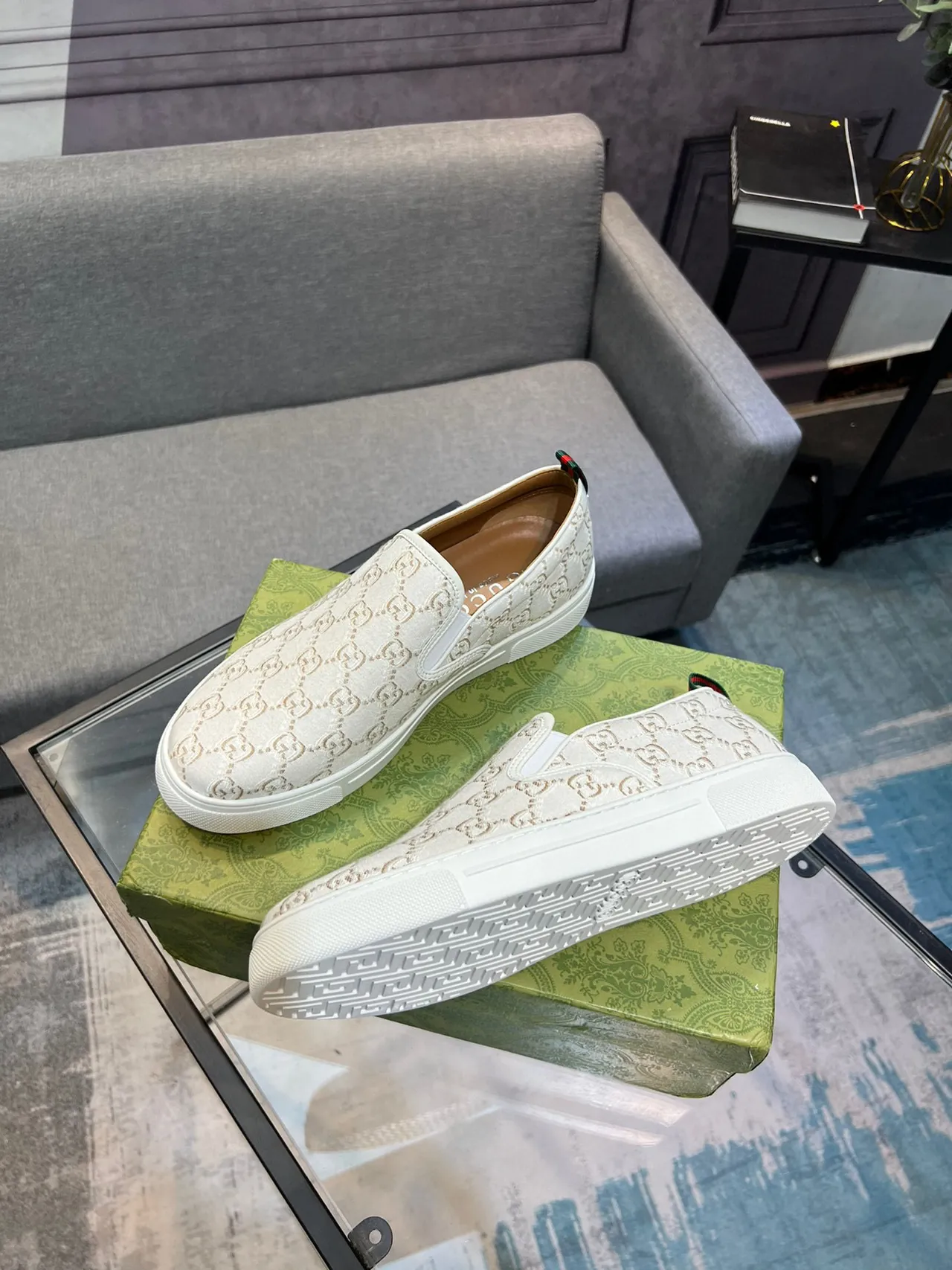 Gucci White Beige GG Monogram Canvas Slip-On Loafer 8