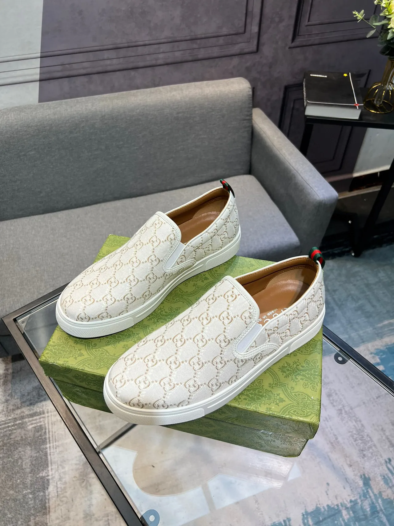 Gucci White Beige GG Monogram Canvas Slip-On Loafer 9