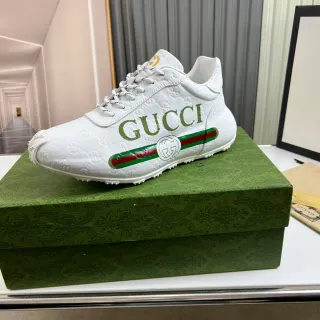 Gucci White Green Embossed GG Leather Bold Lettering Lifestyle Sneakers