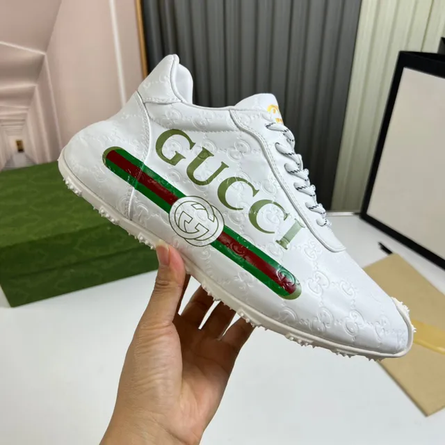 Gucci White Green Embossed GG Leather Bold Lettering Lifestyle Sneakers 3