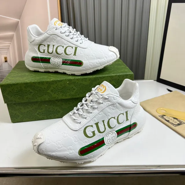 Gucci White Green Embossed GG Leather Bold Lettering Lifestyle Sneakers 6