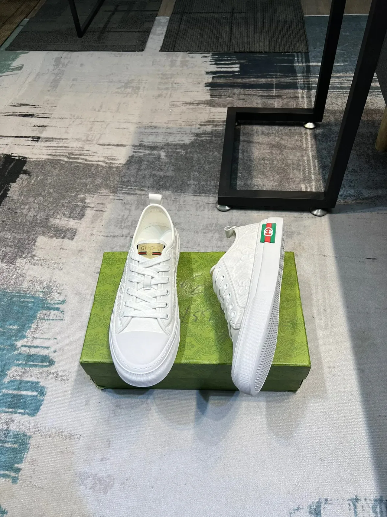 Gucci White Green Embossed GG Monogram Web Stripe Lifestyle Sneakers 4