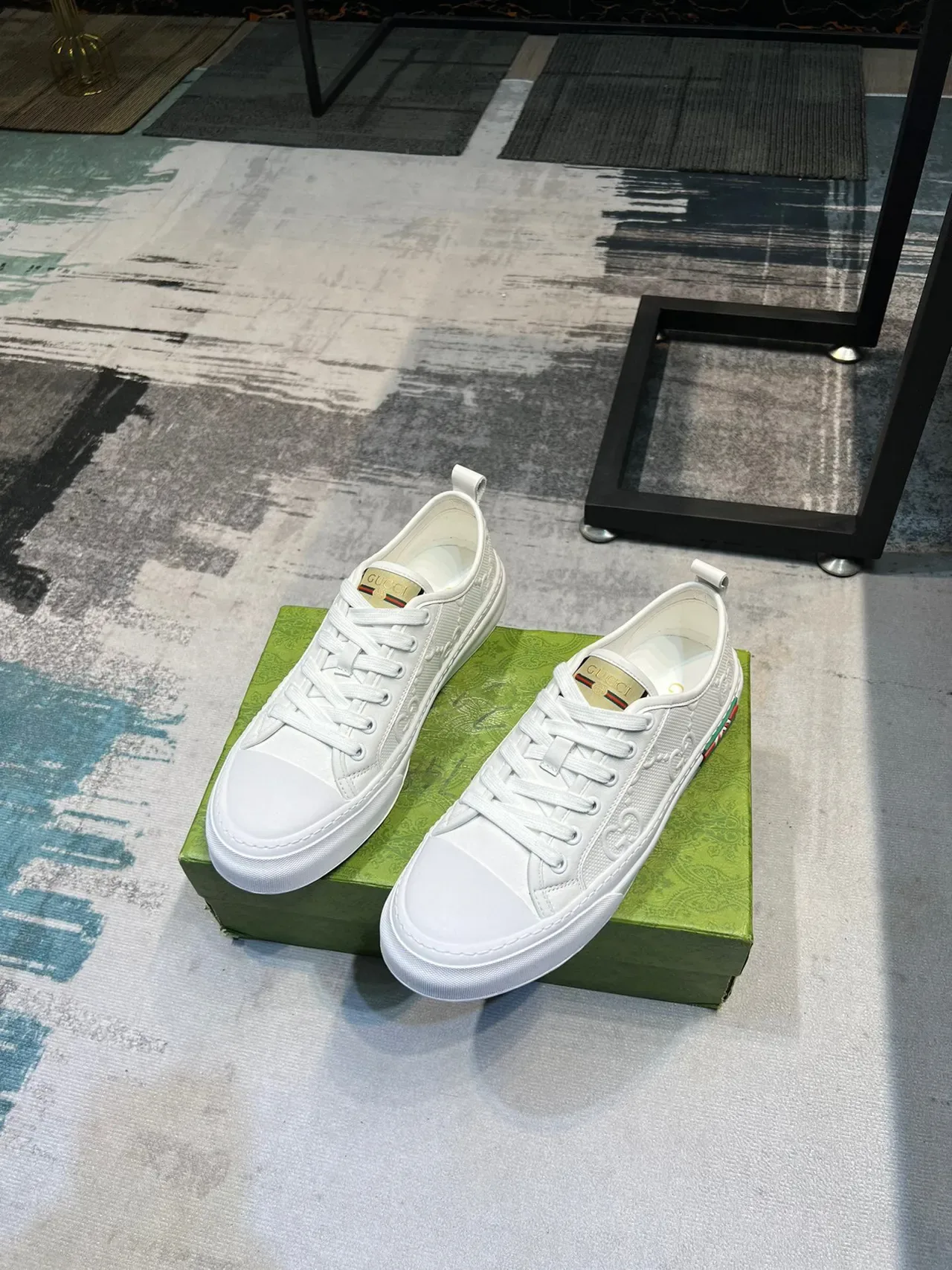 Gucci White Green Embossed GG Monogram Web Stripe Lifestyle Sneakers 5