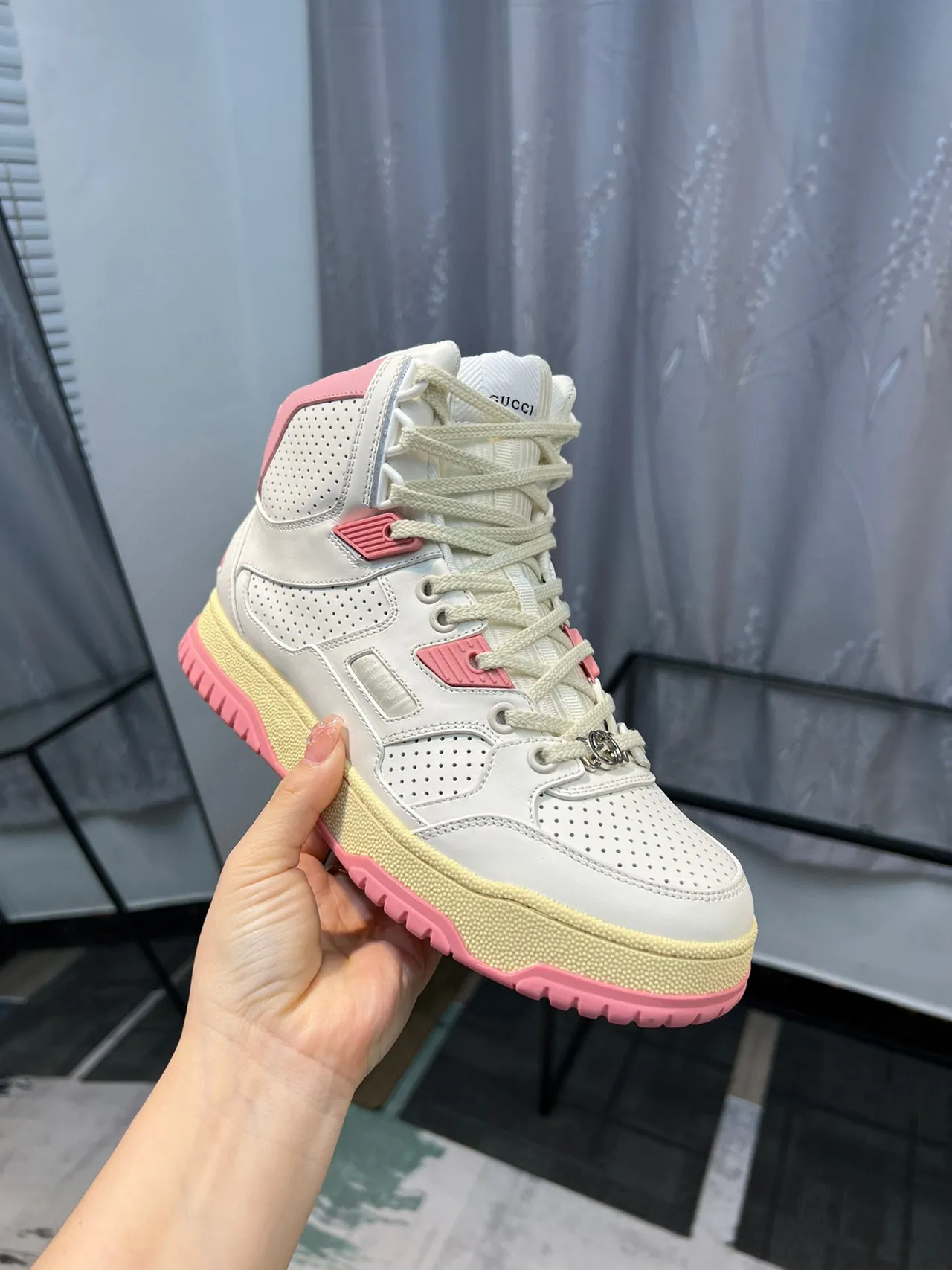 Gucci White Pink High-Top Perforated Leather Lifestyle Sneakers 6