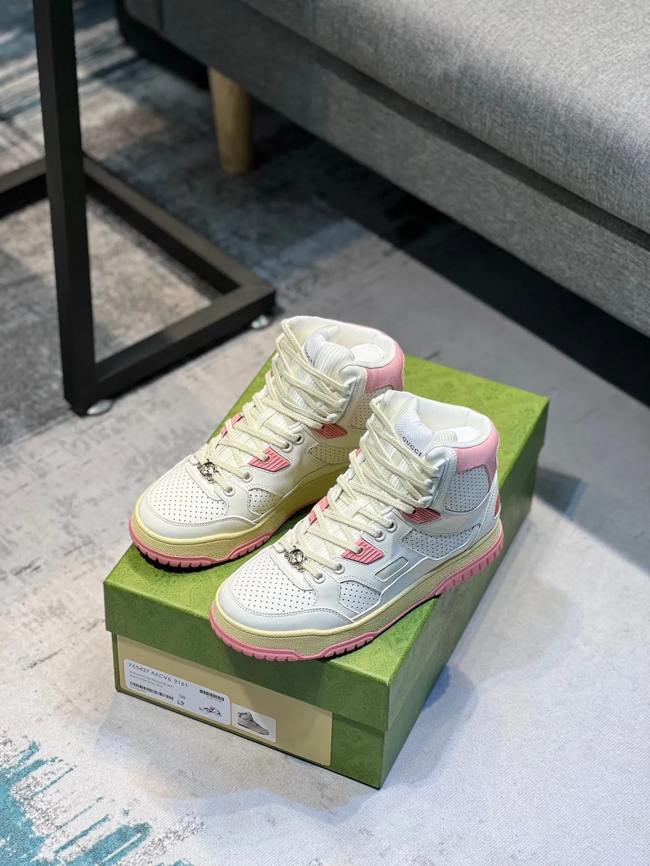 Gucci White Pink High-Top Perforated Leather Lifestyle Sneakers 7
