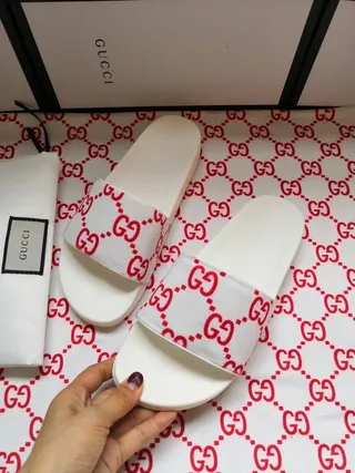Gucci White Red Rubber Sole Interlocking GG Monogram Strap Slippers 8
