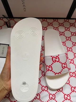 Gucci White Red Rubber Sole Interlocking GG Monogram Strap Slippers 9