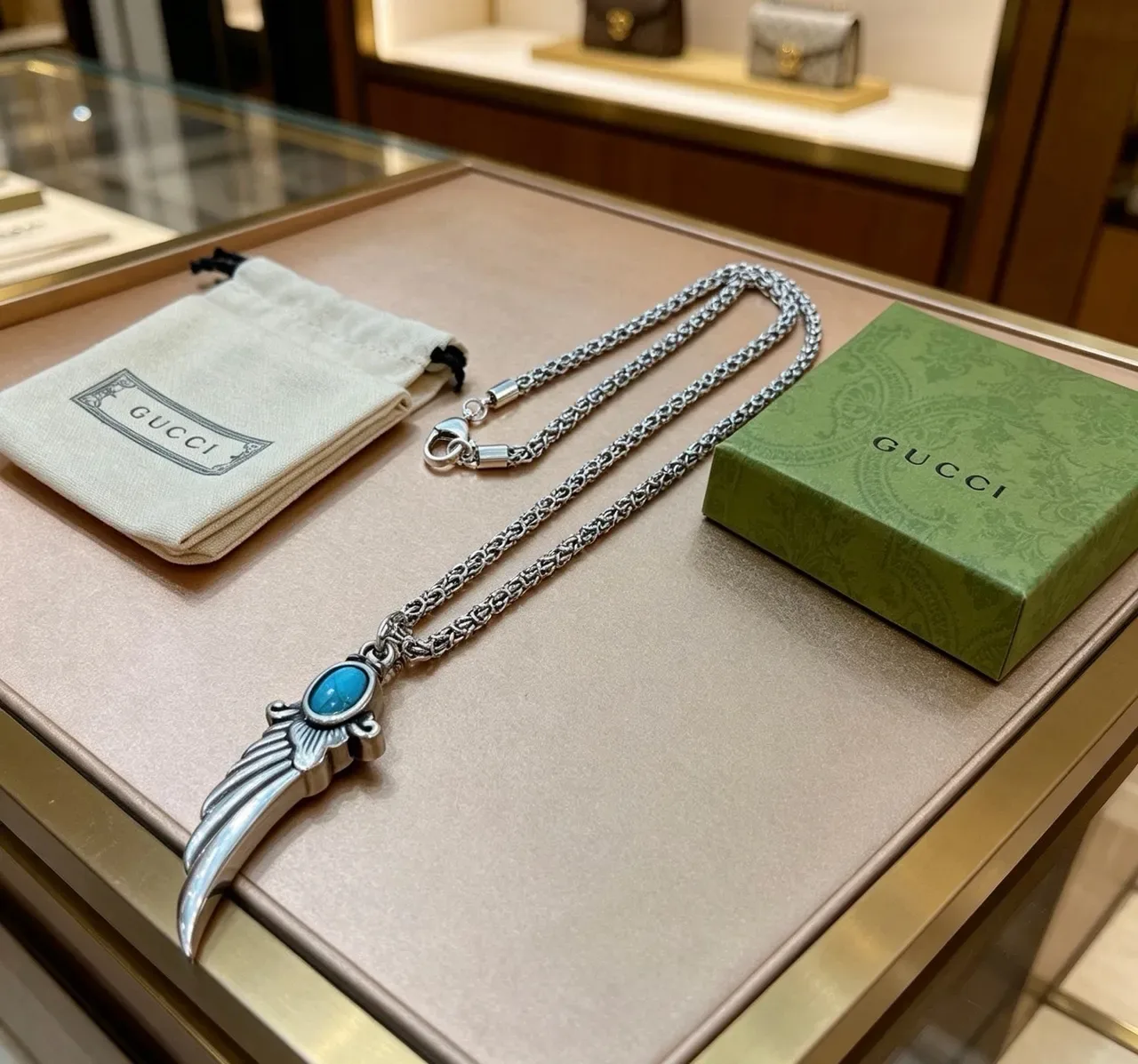 Gucci Winged Dagger Turquoise Pendant Necklace 4