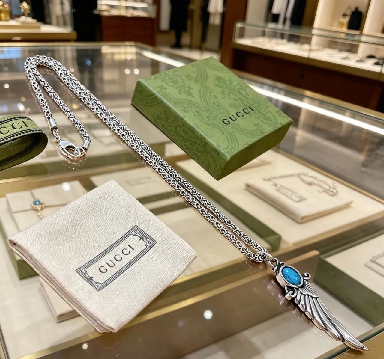 Gucci Winged Dagger Turquoise Pendant Necklace 6