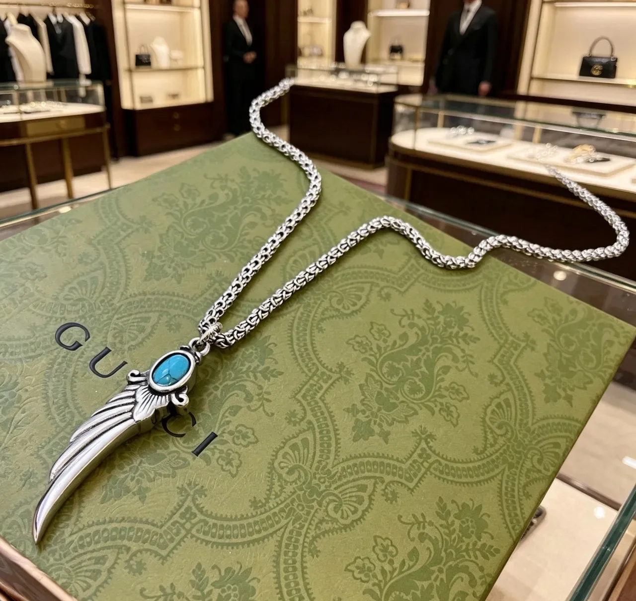Gucci Winged Dagger Turquoise Pendant Necklace 7