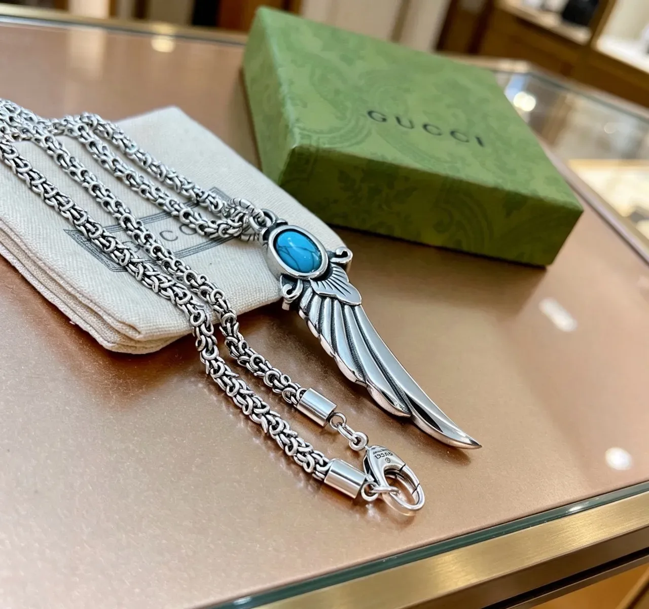 Gucci Winged Dagger Turquoise Pendant Necklace 8