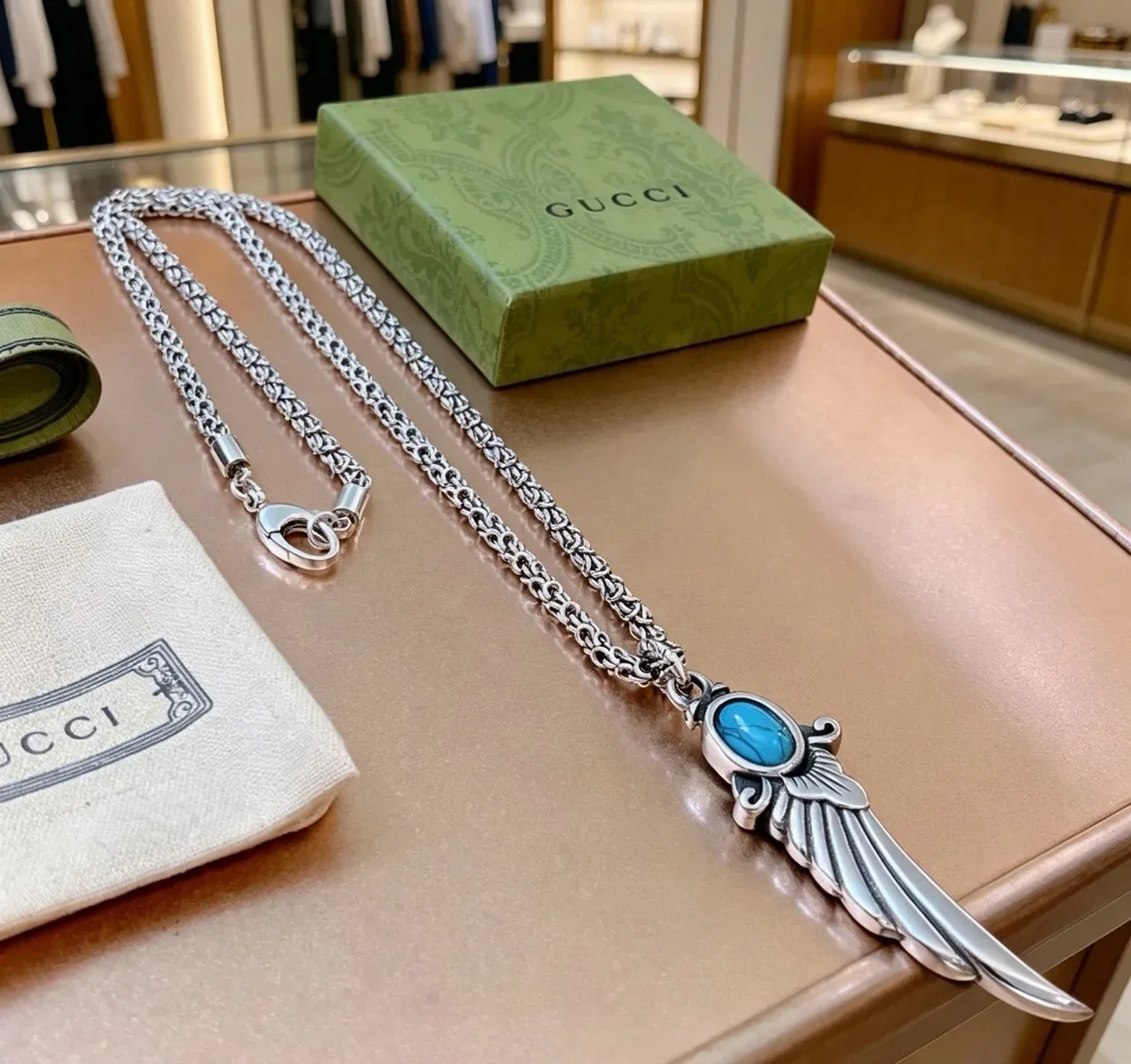 Gucci Winged Dagger Turquoise Pendant Necklace 9