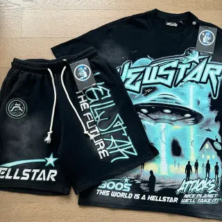 تيشيرت Hellstar أسود وأزرق بطبعة جرافيك قصة أوفرسايز