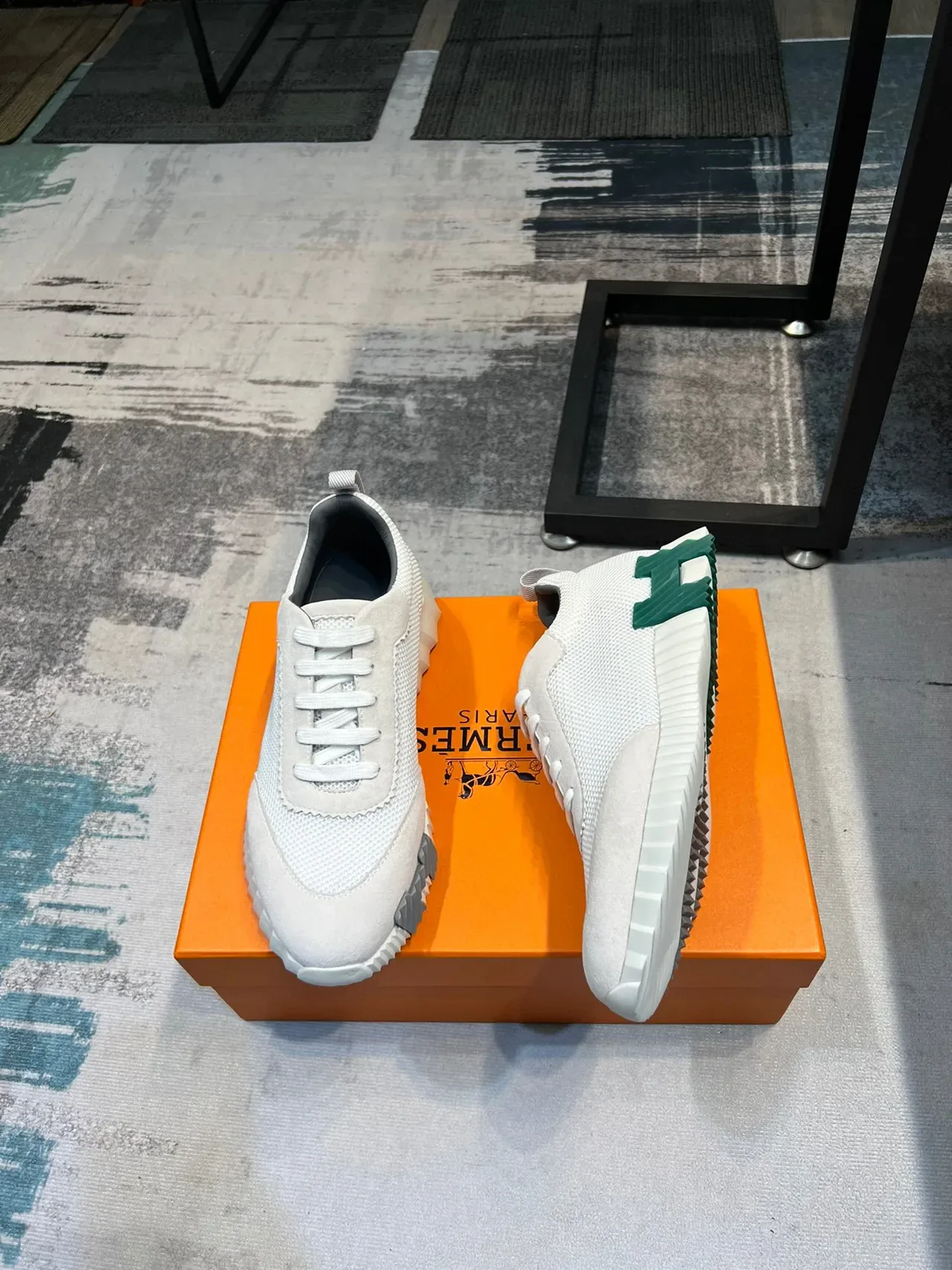 Hermès Beige Green Mesh And Suede Upper Sculpted Ridged Midsole Lifestyle Sneakers 4