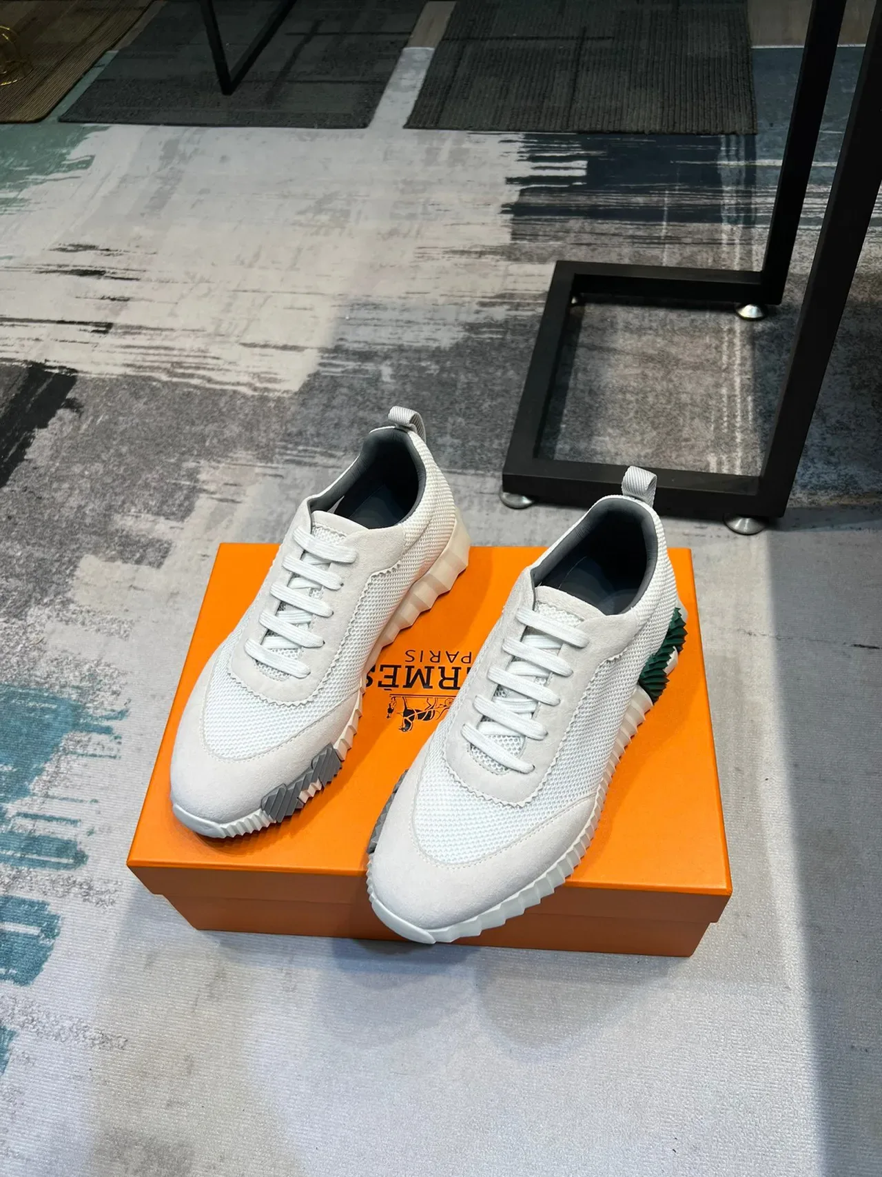 Hermès Beige Green Mesh And Suede Upper Sculpted Ridged Midsole Lifestyle Sneakers 5