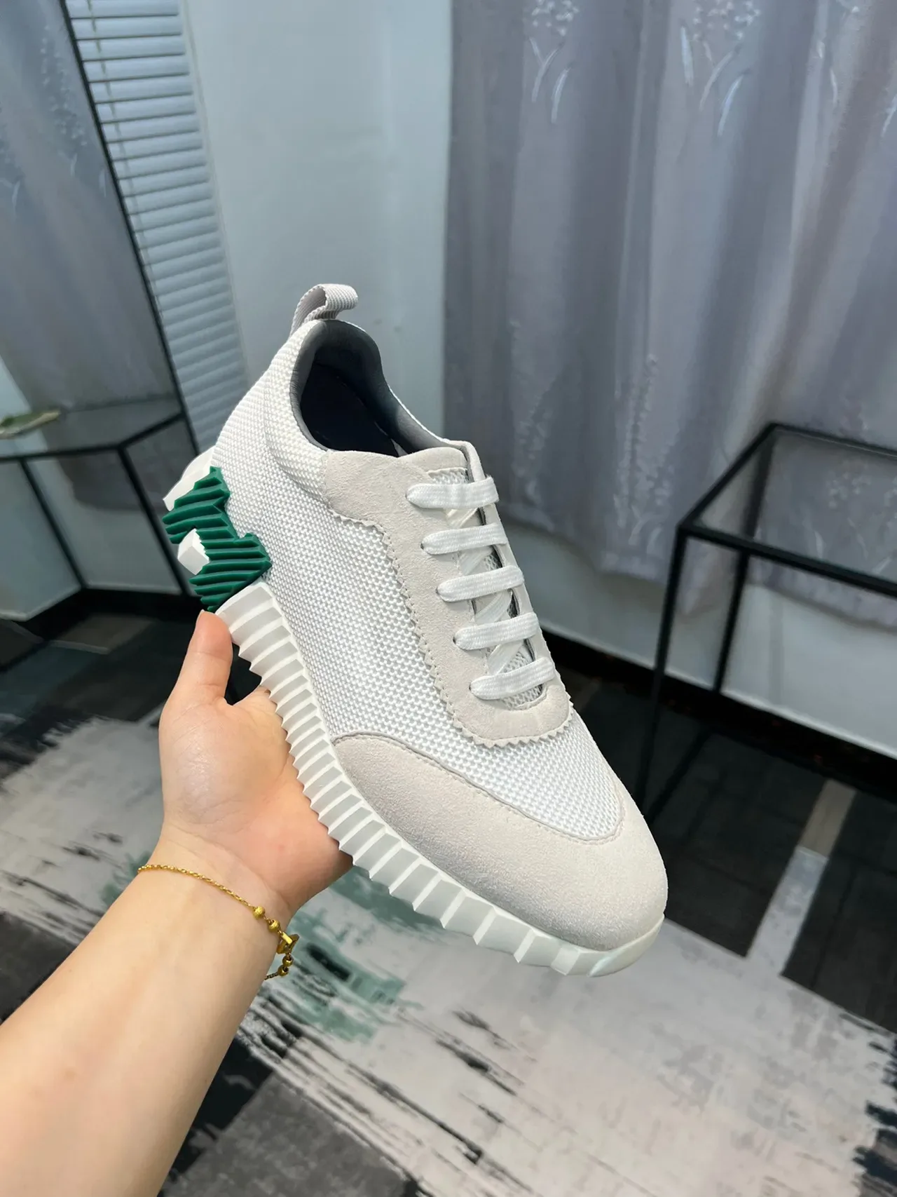 Hermès Beige Green Mesh And Suede Upper Sculpted Ridged Midsole Lifestyle Sneakers 6