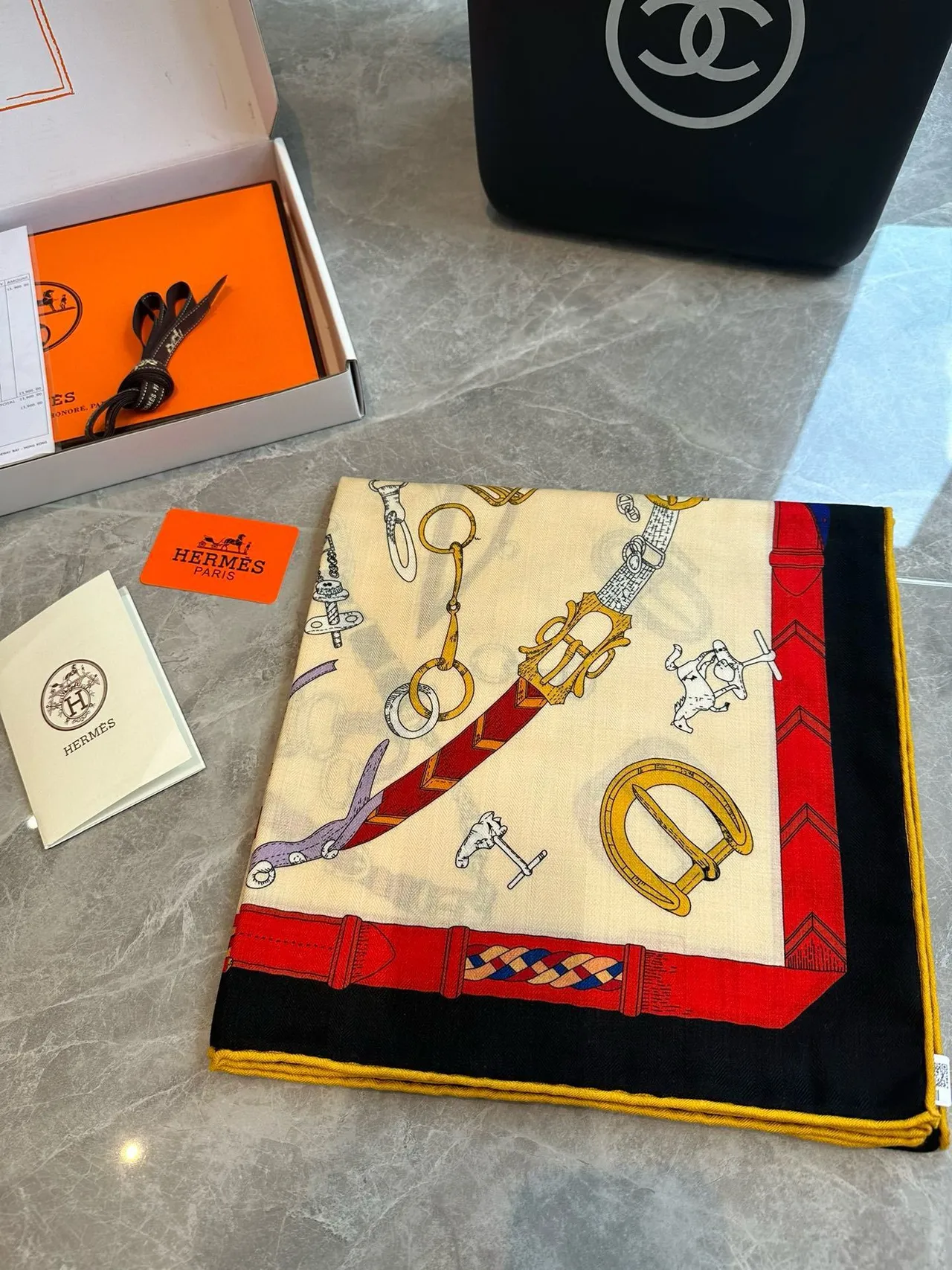 Hermès Beige Multicolor Equestrian Hardware Print Cream Base Silk Scarf 5