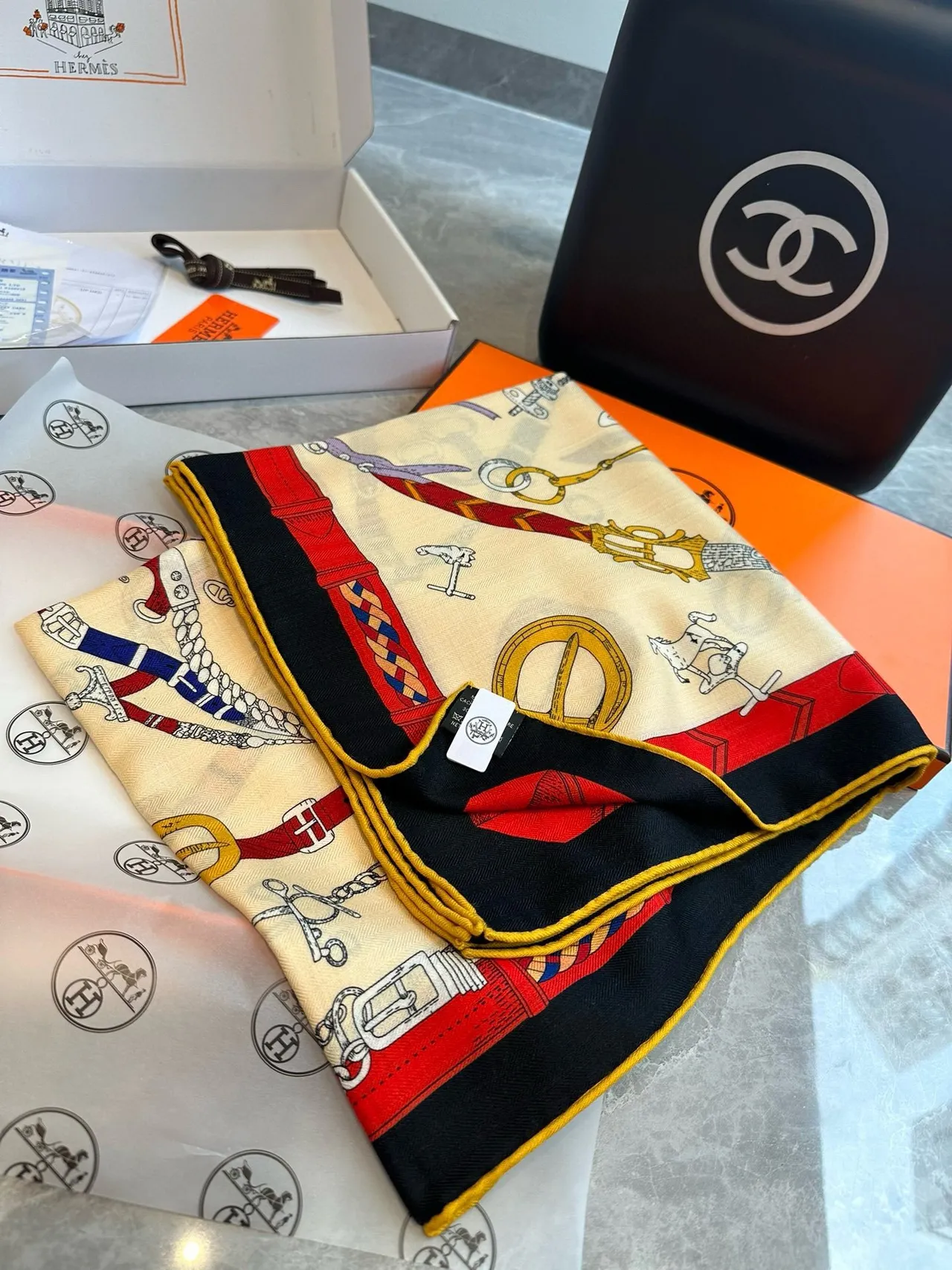 Hermès Beige Multicolor Equestrian Hardware Print Cream Base Silk Scarf 6