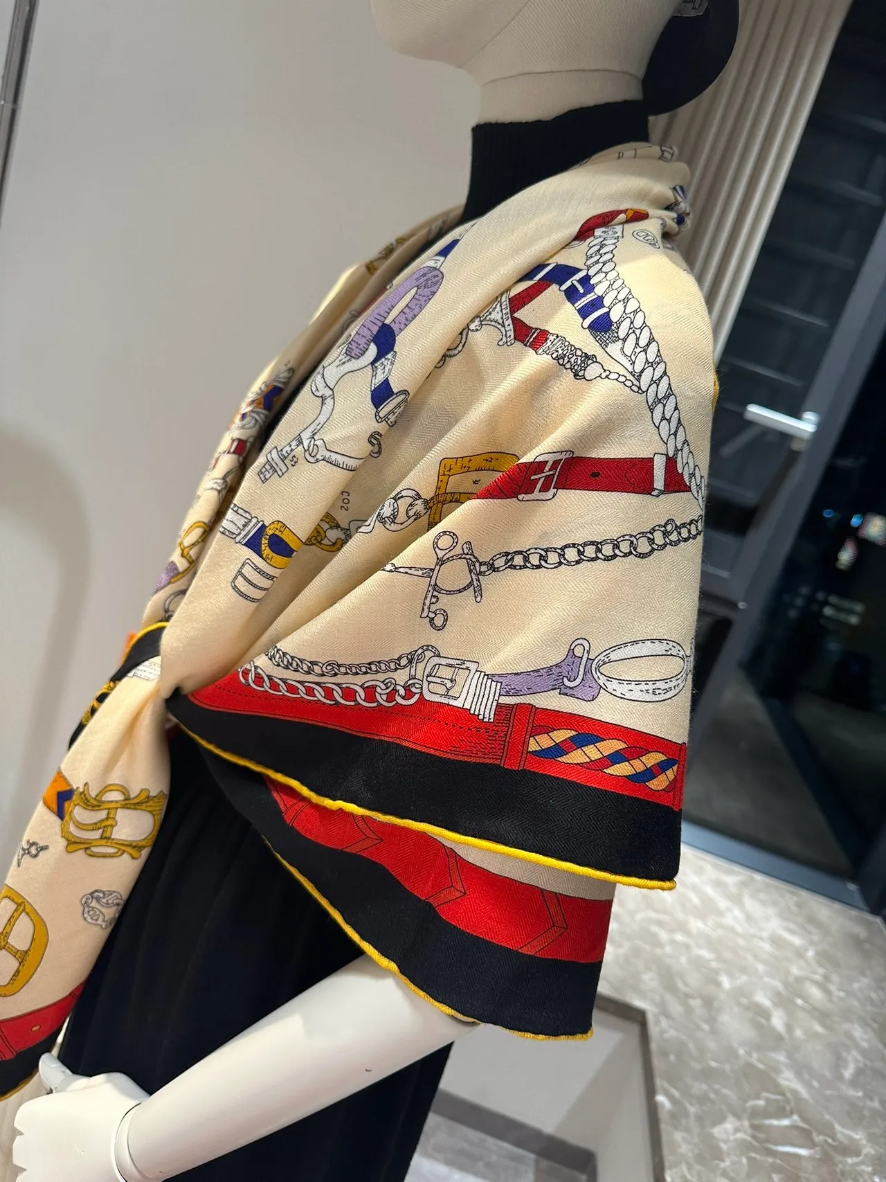 Hermès Beige Multicolor Equestrian-Print Bordered Silk Scarf 1