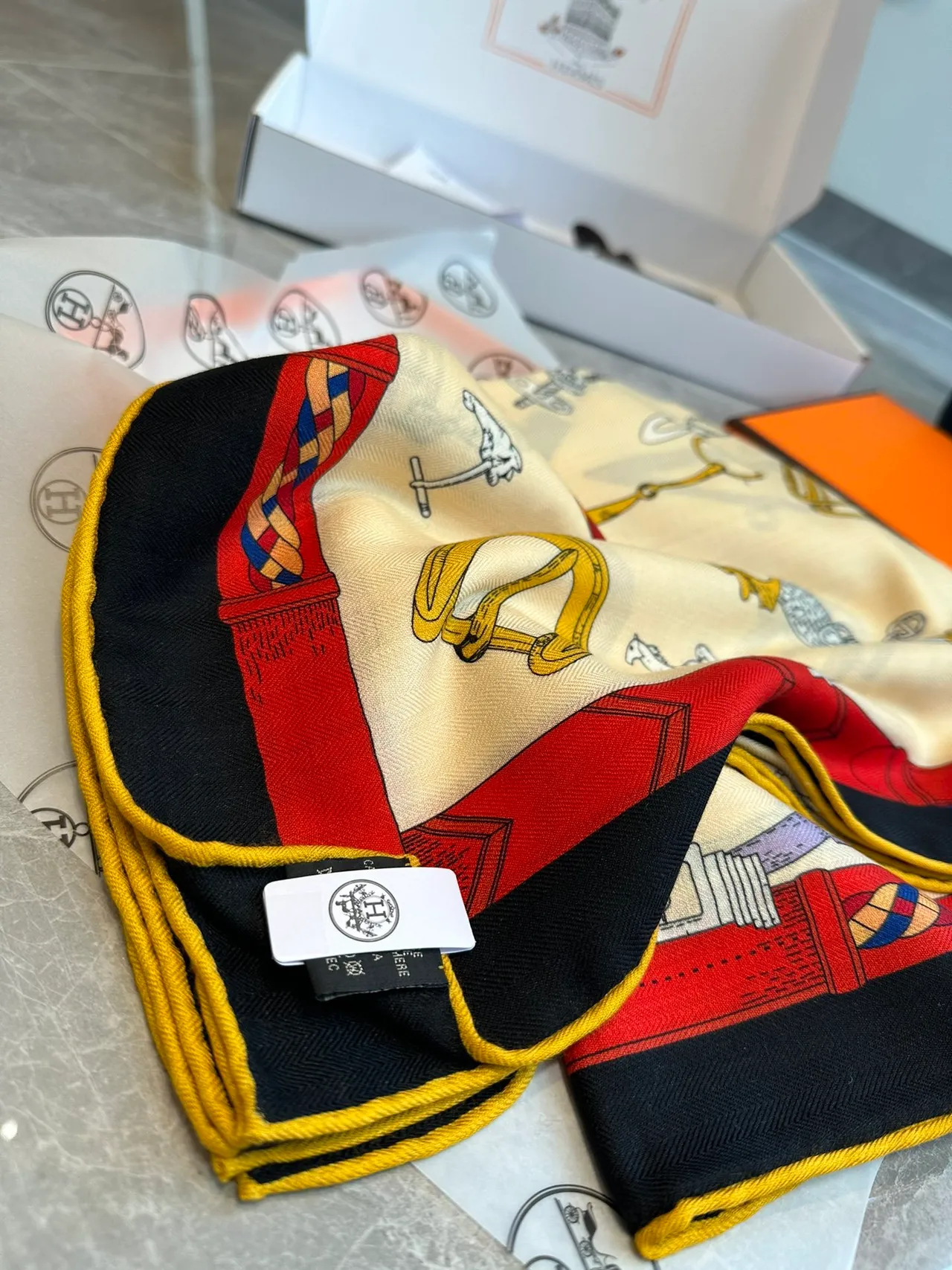 Hermès Beige Multicolor Equestrian-Print Bordered Silk Scarf 5