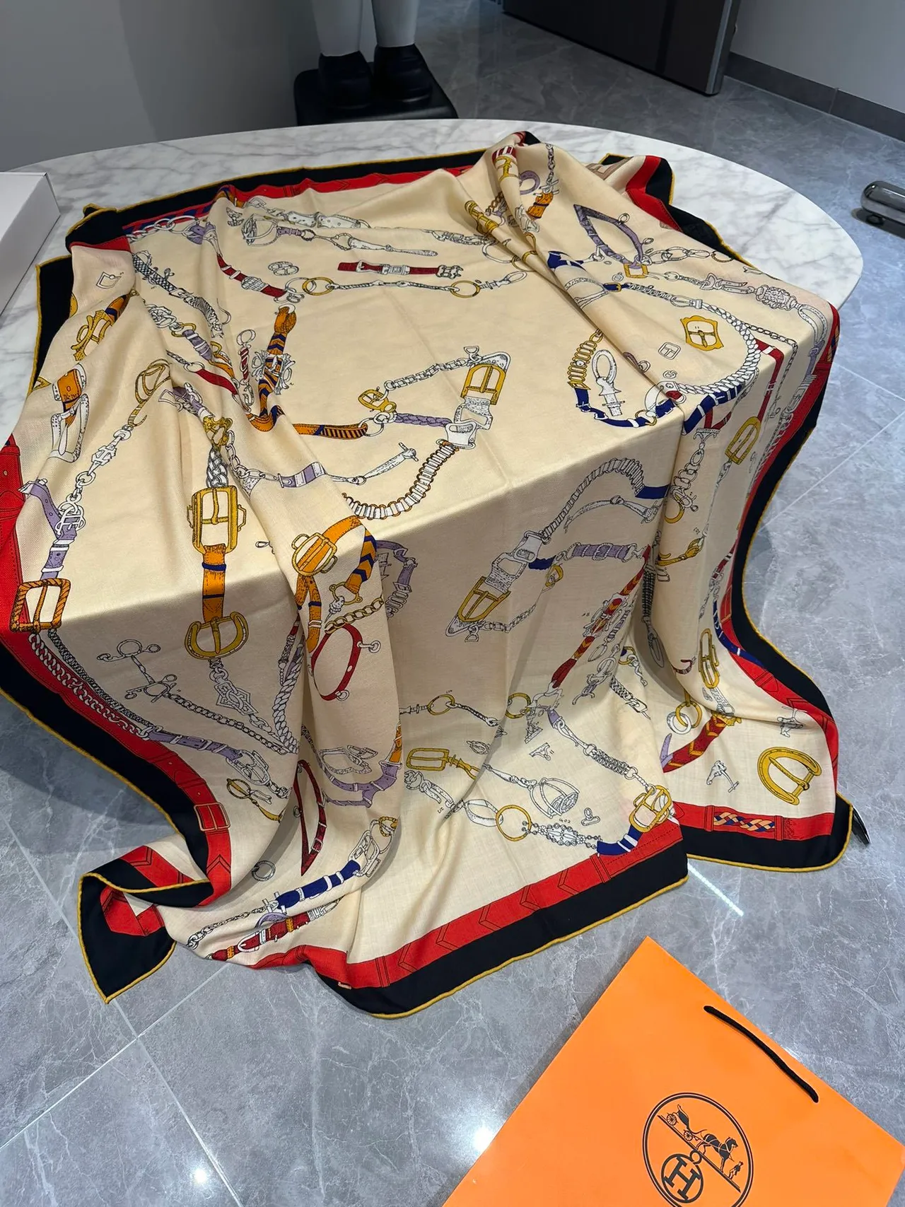 Hermès Beige Multicolor Equestrian-Print Bordered Silk Scarf 7