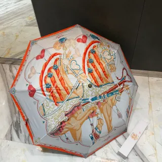 Hermès Beige Orange Equestrian-Print Silk-Canopy Handbag