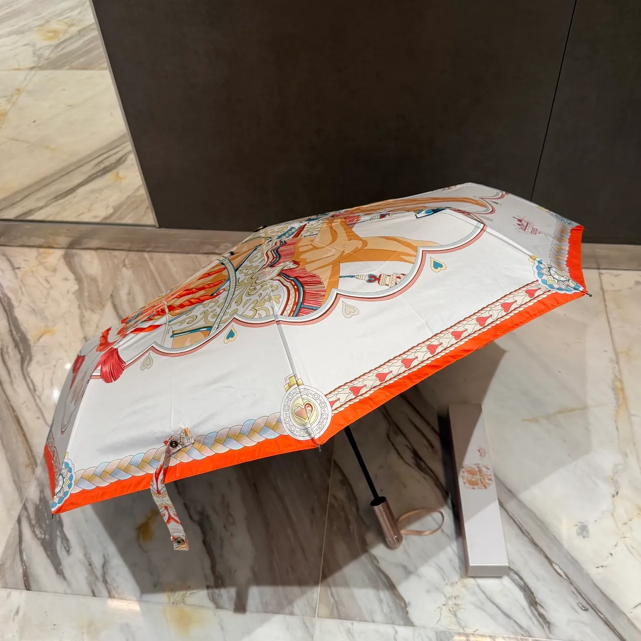 Hermès Beige Orange Equestrian-Print Silk-Canopy Handbag 3